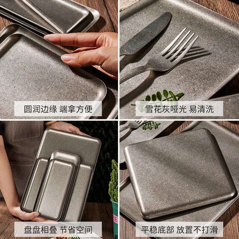 Steak Plate with Snowflake Design, 304 Retro Stainless Steel, Silver, Old Square Plate, Creative Restaurant Dessert Plate thumbnail 2