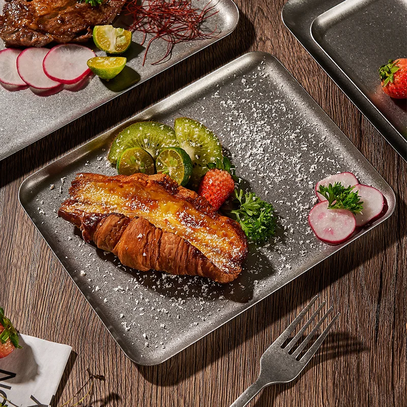 Steak Plate with Snowflake Design, 304 Retro Stainless Steel, Silver, Old Square Plate, Creative Restaurant Dessert Plate