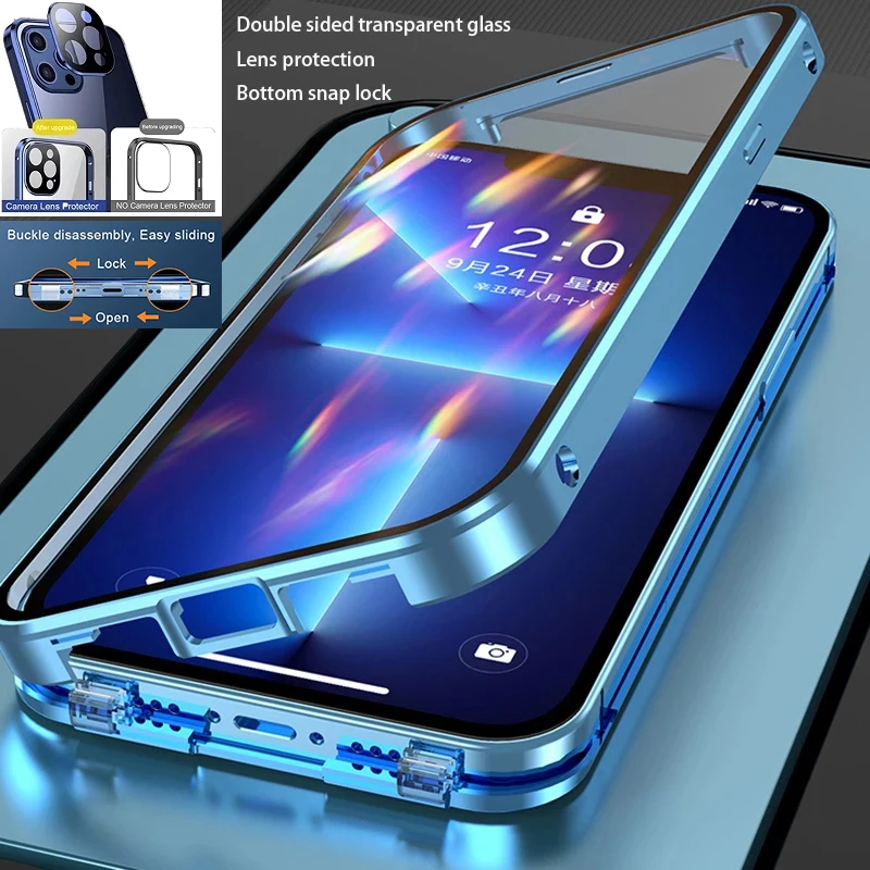 360°Full Protection Metal Magnetic Double-Sided Glass Lock Buckle Phone Case For iPhone 16 Pro Max 14 12 13 11 15 Pro Max Cover