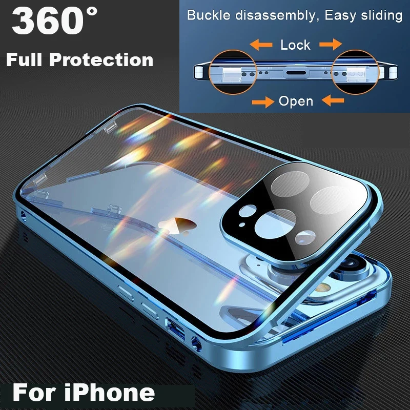 360°Full Protection Metal Magnetic Double-Sided Glass Lock Buckle Phone Case For iPhone 16 Pro Max 14 12 13 11 15 Pro Max Cover thumbnail 2
