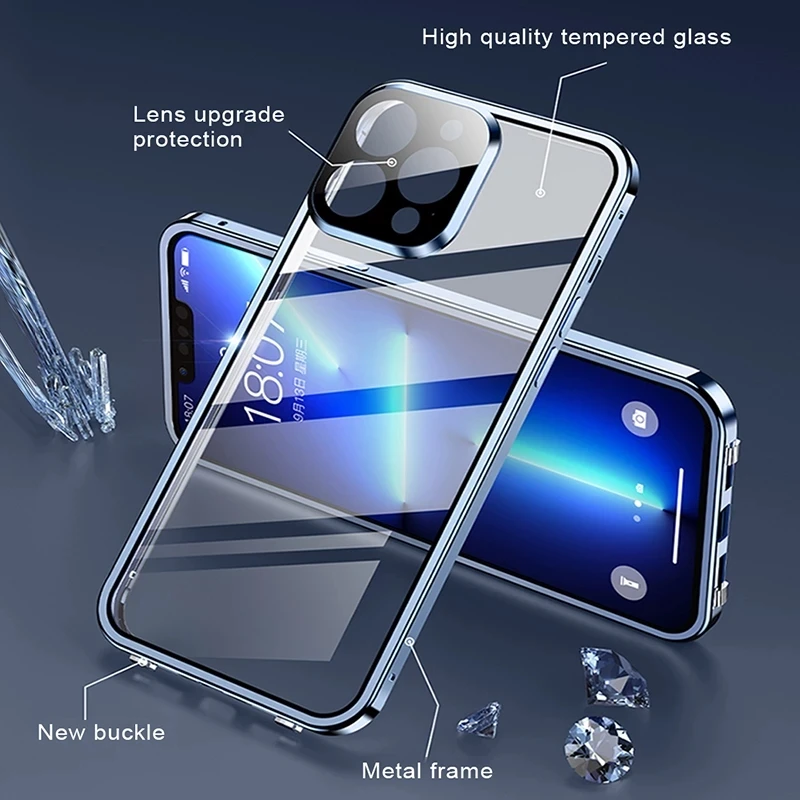 360°Full Protection Metal Magnetic Double-Sided Glass Lock Buckle Phone Case For iPhone 16 Pro Max 14 12 13 11 15 Pro Max Cover thumbnail 4