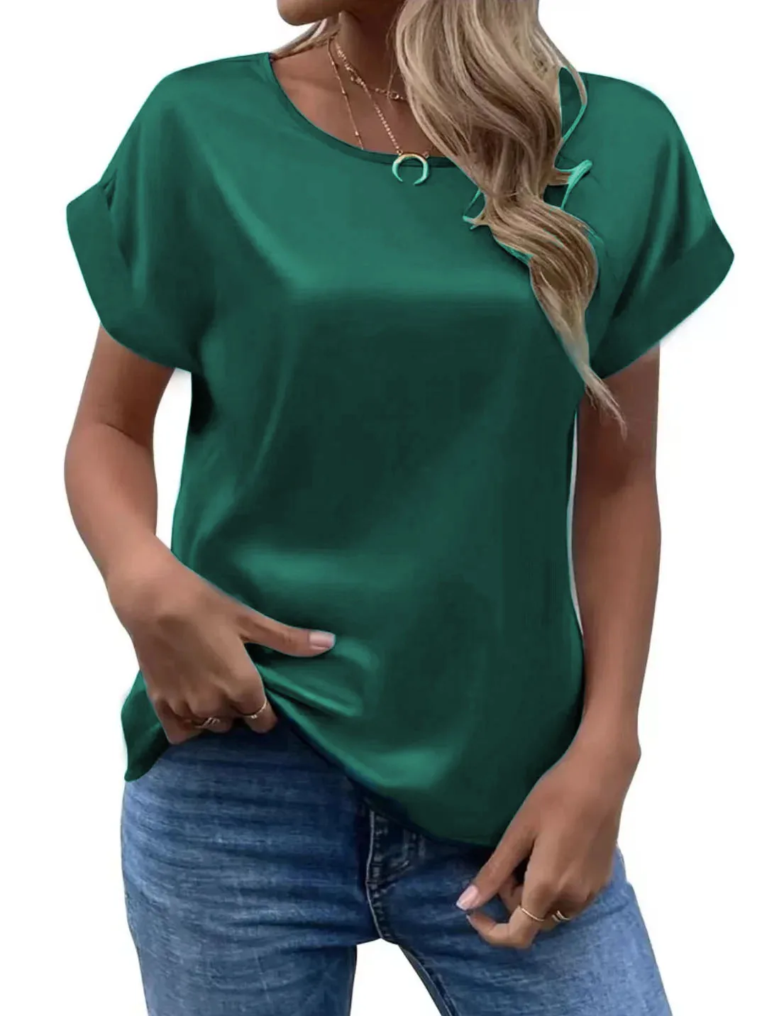 Women Summer Style Satin Blouses Shirts Lady Casual Bat wing Sleeve O-Neck Solid Color Loose Blusas Tops thumbnail 5