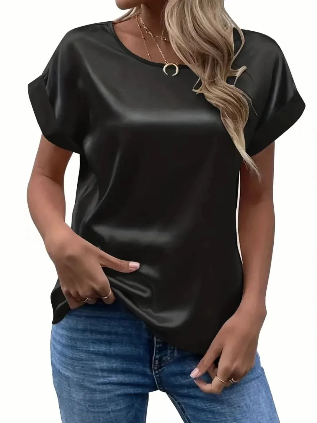 Women Summer Style Satin Blouses Shirts Lady Casual Bat wing Sleeve O-Neck Solid Color Loose Blusas Tops thumbnail 3