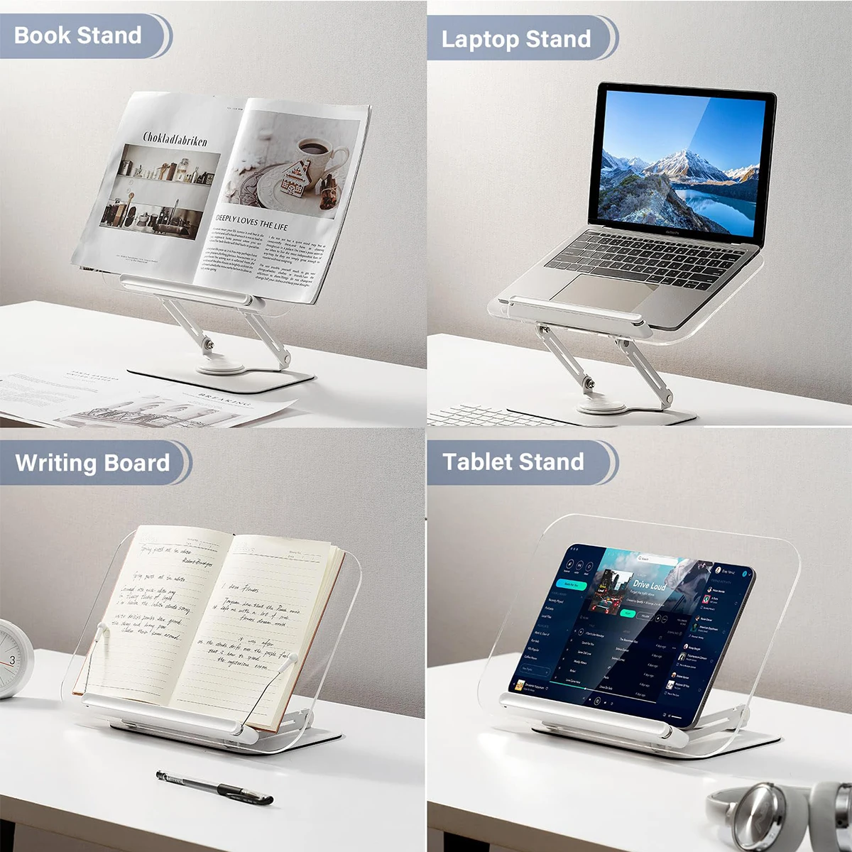 NEW Book Stand for Reading Adjustable Book Holder with 360° Rotating Base Elastic Page Clips Foldable Desktop Riser Stand thumbnail 5