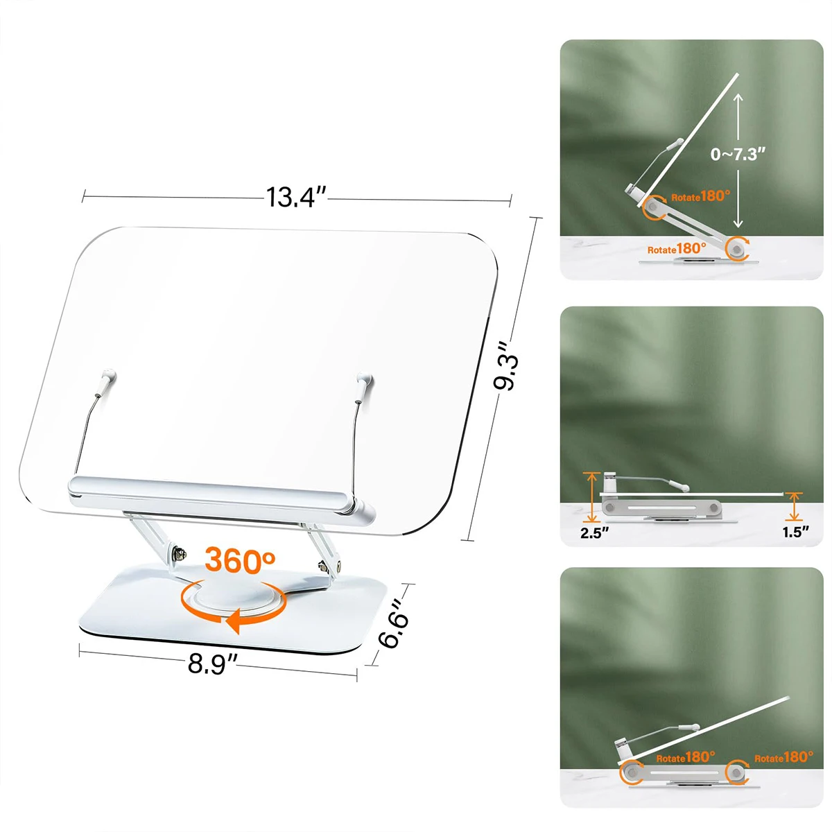 NEW Book Stand for Reading Adjustable Book Holder with 360° Rotating Base Elastic Page Clips Foldable Desktop Riser Stand thumbnail 4