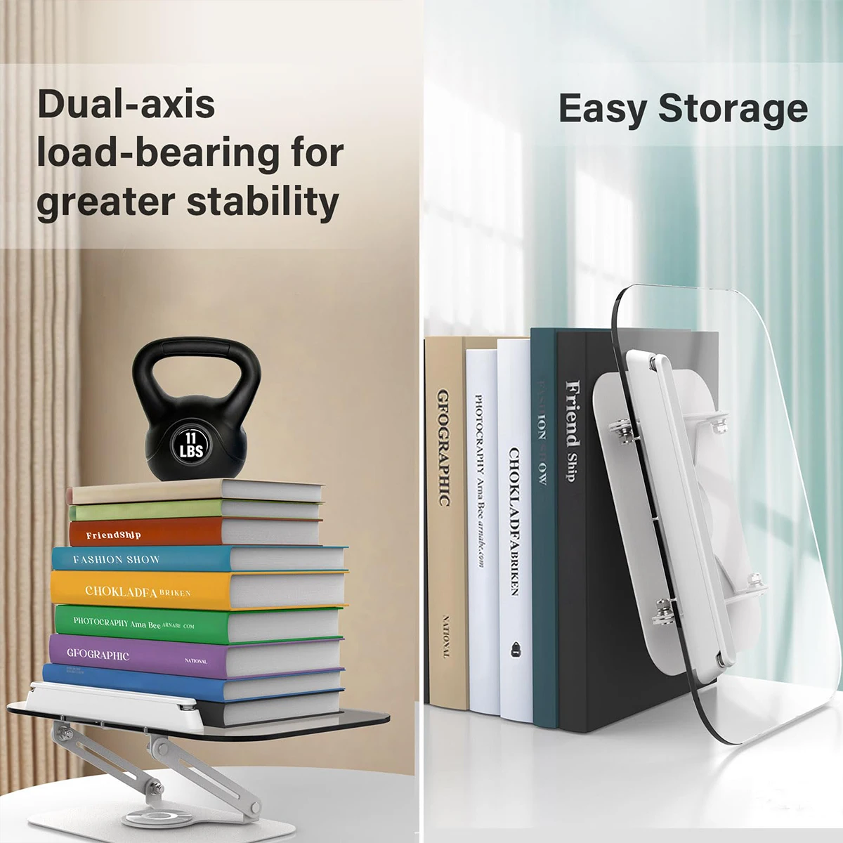 NEW Book Stand for Reading Adjustable Book Holder with 360° Rotating Base Elastic Page Clips Foldable Desktop Riser Stand thumbnail 3