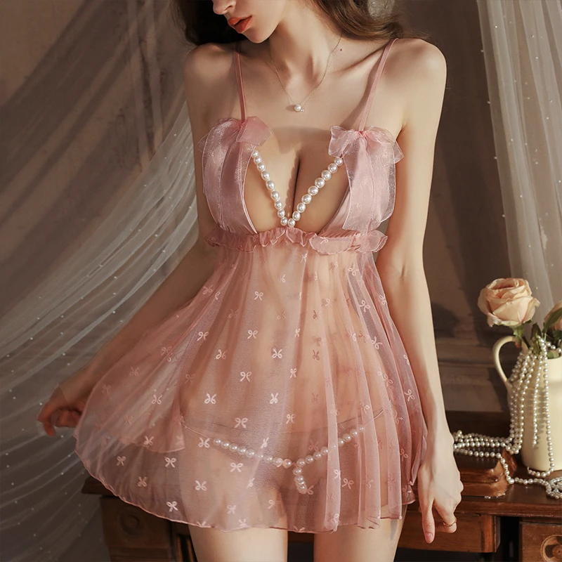 New Plus Size Lingerie Cute Pearl Chain Open Bra Woman Underwear Sheer Babydoll Lace Dress Porn Nightgown Female Two Piece Set thumbnail 6