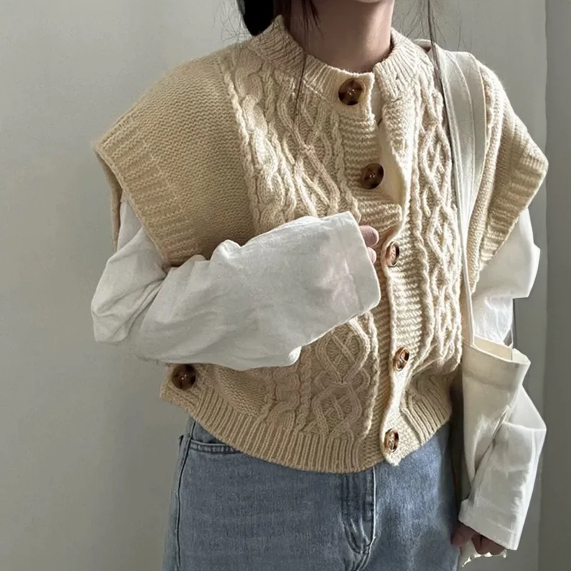 Cable Knit Sweater Vest Cardigan for Women Cozy Button Up Sleeveless Crop Knit Top for Women Teen-girl Fall Winter Casual Outfit thumbnail 2
