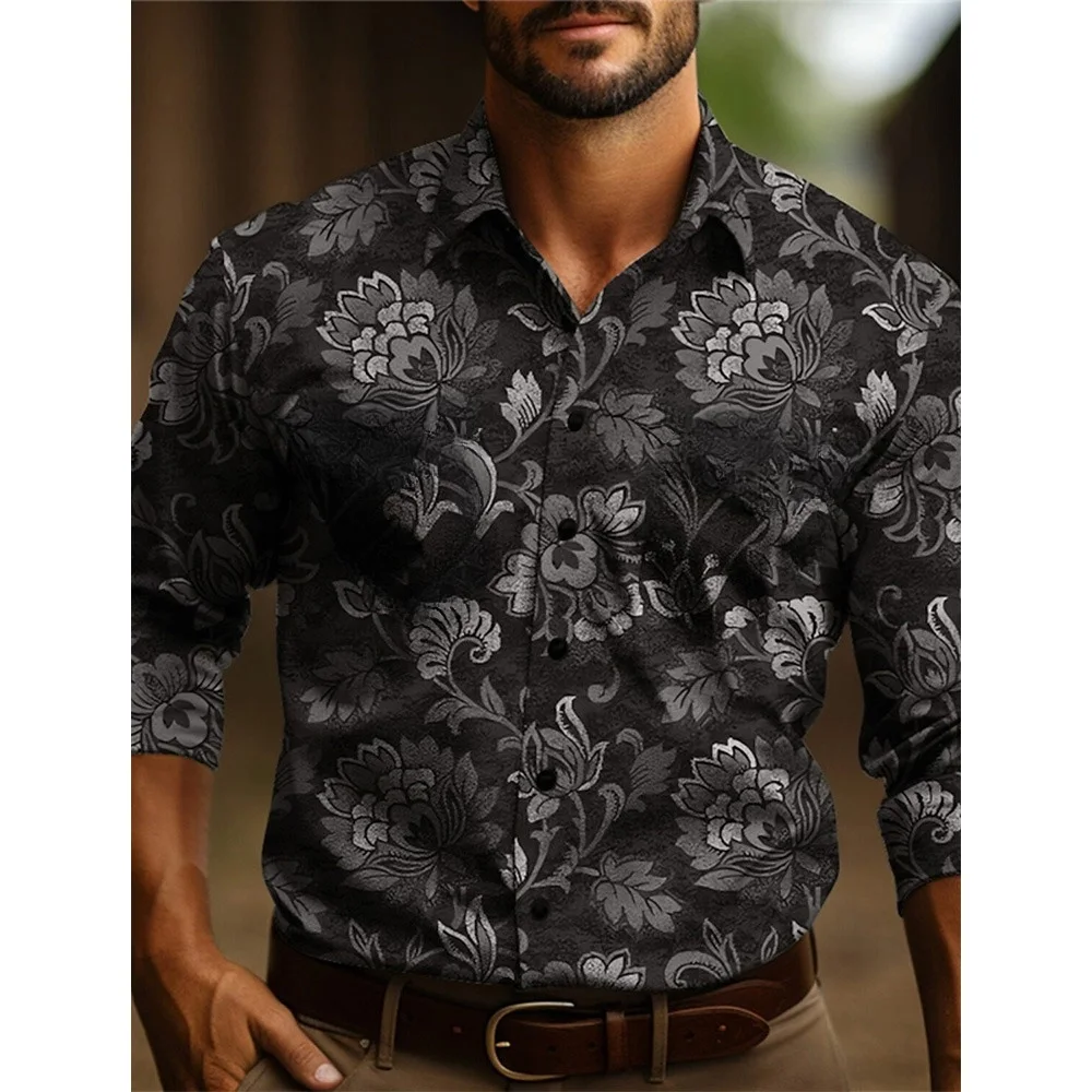 Men's Yellowstone Western Denim Shirt Two-tone patchwork pattern Men's roll-down button top Stylish casual long-sleeved shirt thumbnail 3