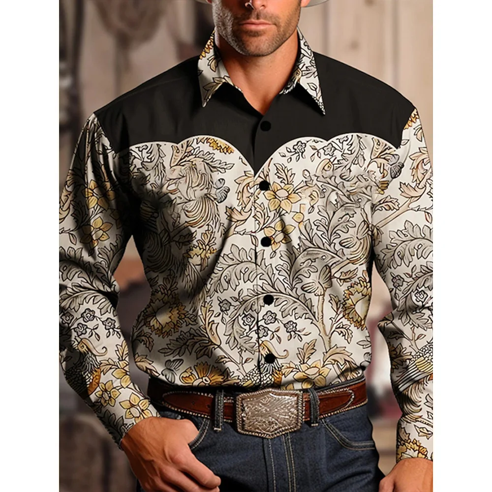 Men's Yellowstone Western Denim Shirt Two-tone patchwork pattern Men's roll-down button top Stylish casual long-sleeved shirt thumbnail 2