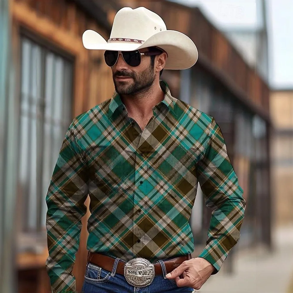 Men's Yellowstone Western Denim Shirt Two-tone patchwork pattern Men's roll-down button top Stylish casual long-sleeved shirt thumbnail 4