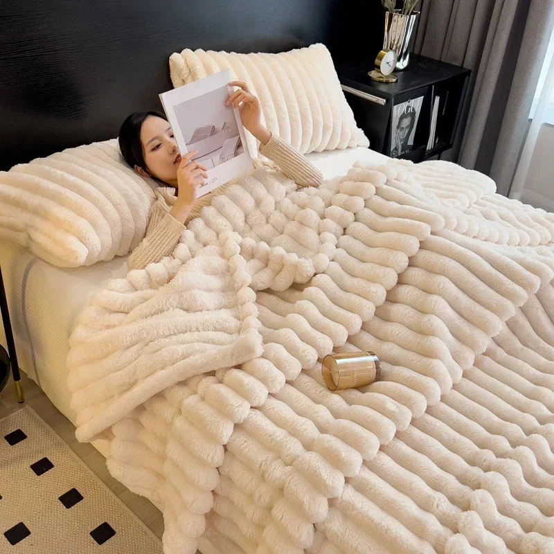 New Artificial Rabbit Plush Autumn Warm Blankets for Beds Soft Coral Fleece Sofa Throw Blanket Comfortable Thicken Bed Sheet thumbnail 6