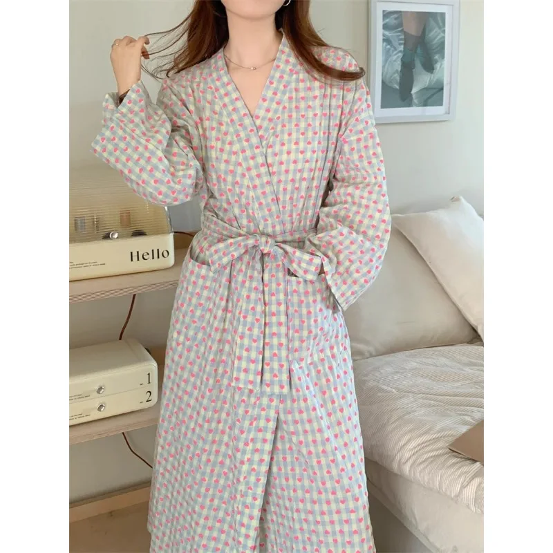 bathrobe women's bathing love plaid loose long sleeve long kimono V-neck lace up trousers nightgown sexy robe women's girl thumbnail 5