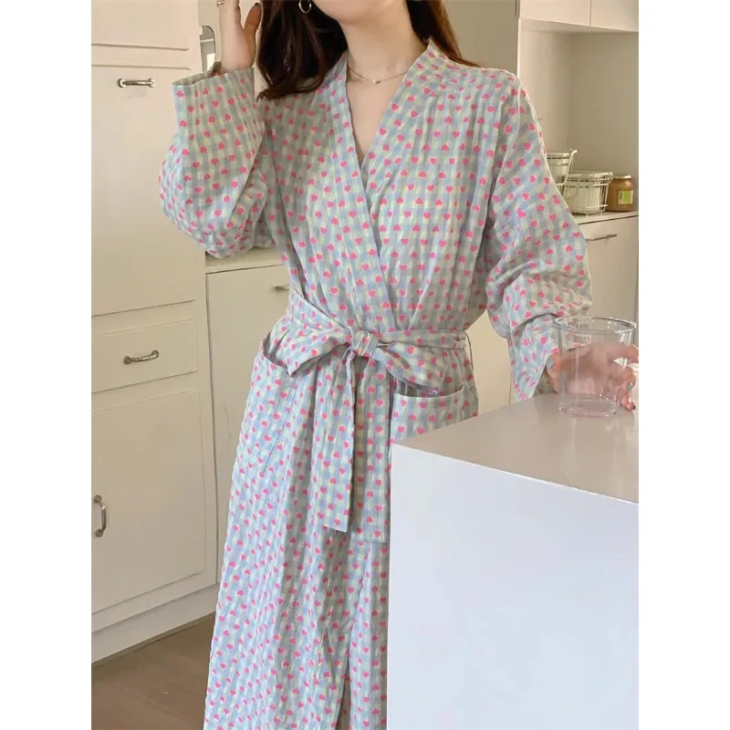bathrobe women's bathing love plaid loose long sleeve long kimono V-neck lace up trousers nightgown sexy robe women's girl thumbnail 3
