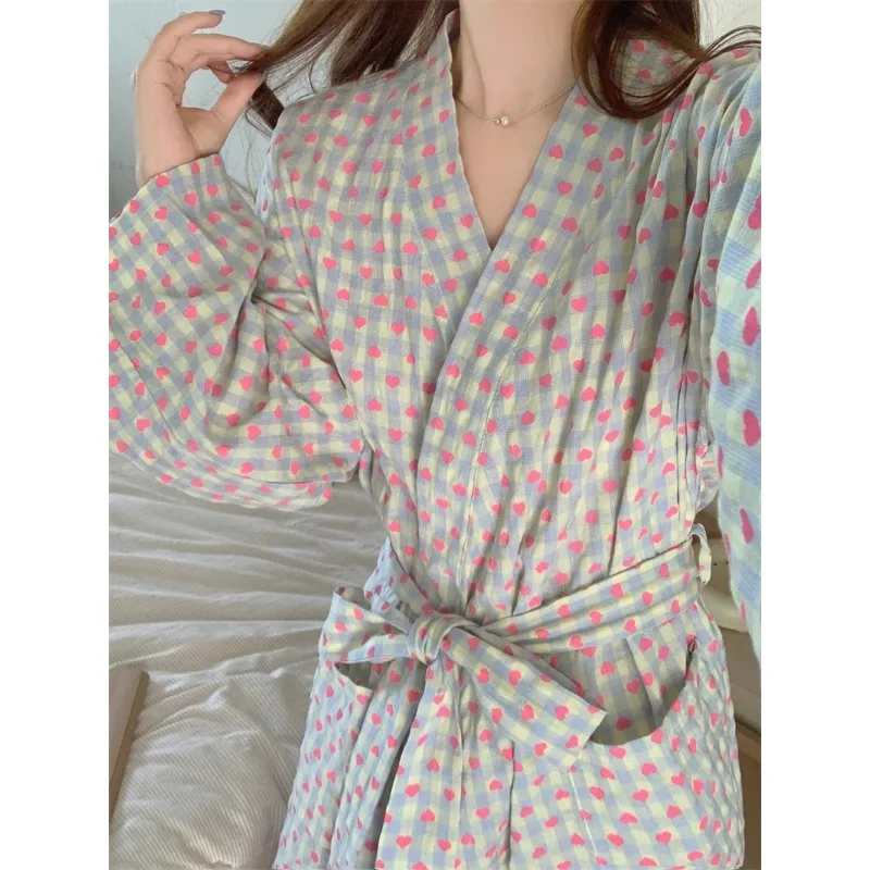 bathrobe women's bathing love plaid loose long sleeve long kimono V-neck lace up trousers nightgown sexy robe women's girl thumbnail 2