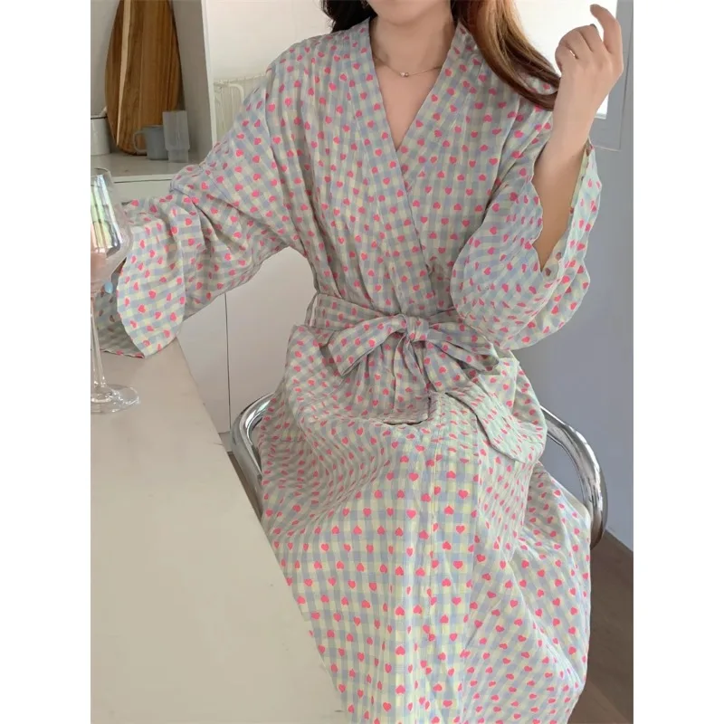 bathrobe women's bathing love plaid loose long sleeve long kimono V-neck lace up trousers nightgown sexy robe women's girl thumbnail 6
