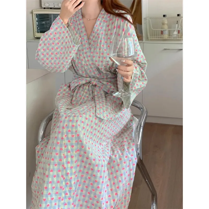 bathrobe women's bathing love plaid loose long sleeve long kimono V-neck lace up trousers nightgown sexy robe women's girl thumbnail 4