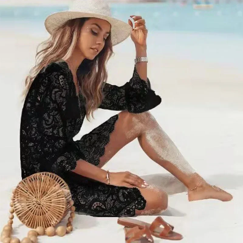 Summer Bikini Cover-ups Women Mini Dress White Lace Hollow Crochet Bathing Suit Swimsuit Tunic Sarong Wrap Beachwear thumbnail 4
