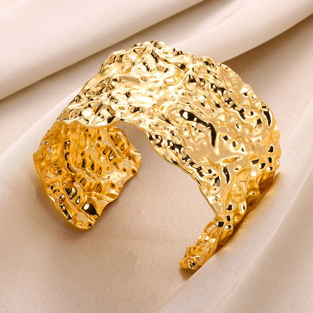 Stainless Steel Wide Bangles for Women Luxury Gold Color Chunky Flower Cuff Bangle Bracelet femme Vintage Wedding Jewelry Gifts thumbnail 6