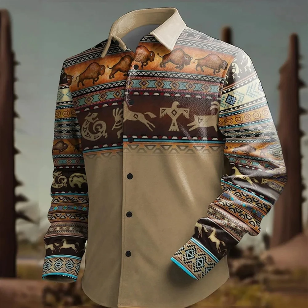 Men's Retro Western Style Denim Long Sleeve Shirt Fashion Vacation Casual Long Sleeve Shirt Single Breasted Lapel Men's Top 2024 thumbnail 3