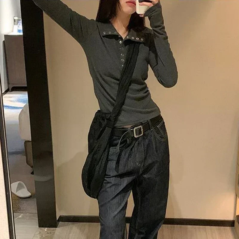 Y2K High Street Women Sweaters New Gray White Button Up Bottoming Pullover Woman Slim Fit Long Sleeve Knitted T-Shirt thumbnail 3