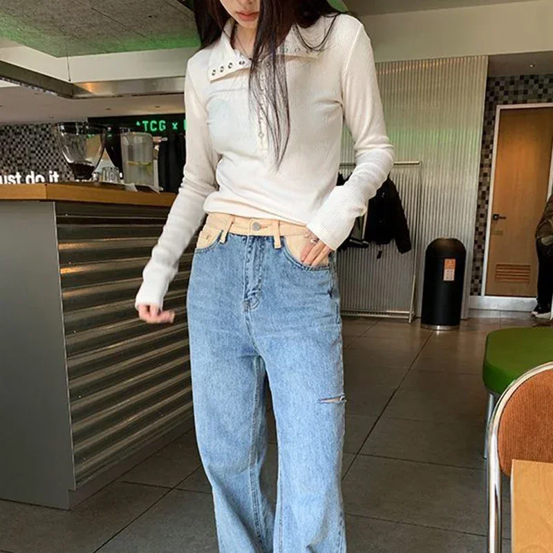 Y2K High Street Women Sweaters New Gray White Button Up Bottoming Pullover Woman Slim Fit Long Sleeve Knitted T-Shirt thumbnail 6