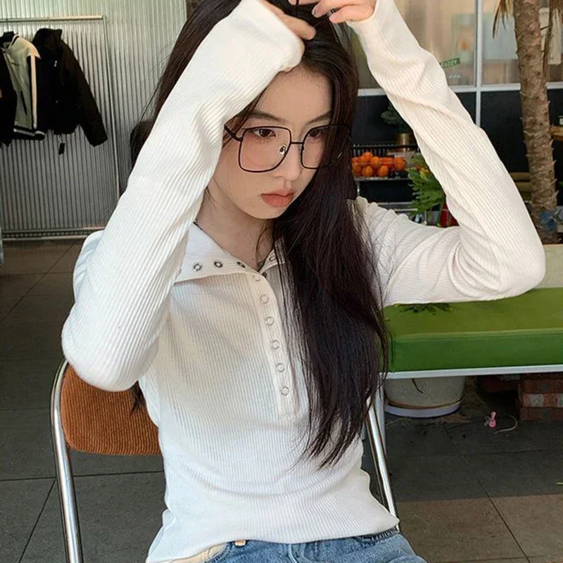 Y2K High Street Women Sweaters New Gray White Button Up Bottoming Pullover Woman Slim Fit Long Sleeve Knitted T-Shirt thumbnail 5