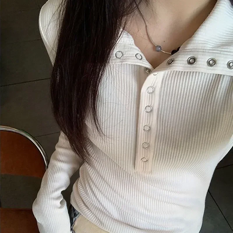 Y2K High Street Women Sweaters New Gray White Button Up Bottoming Pullover Woman Slim Fit Long Sleeve Knitted T-Shirt thumbnail 4