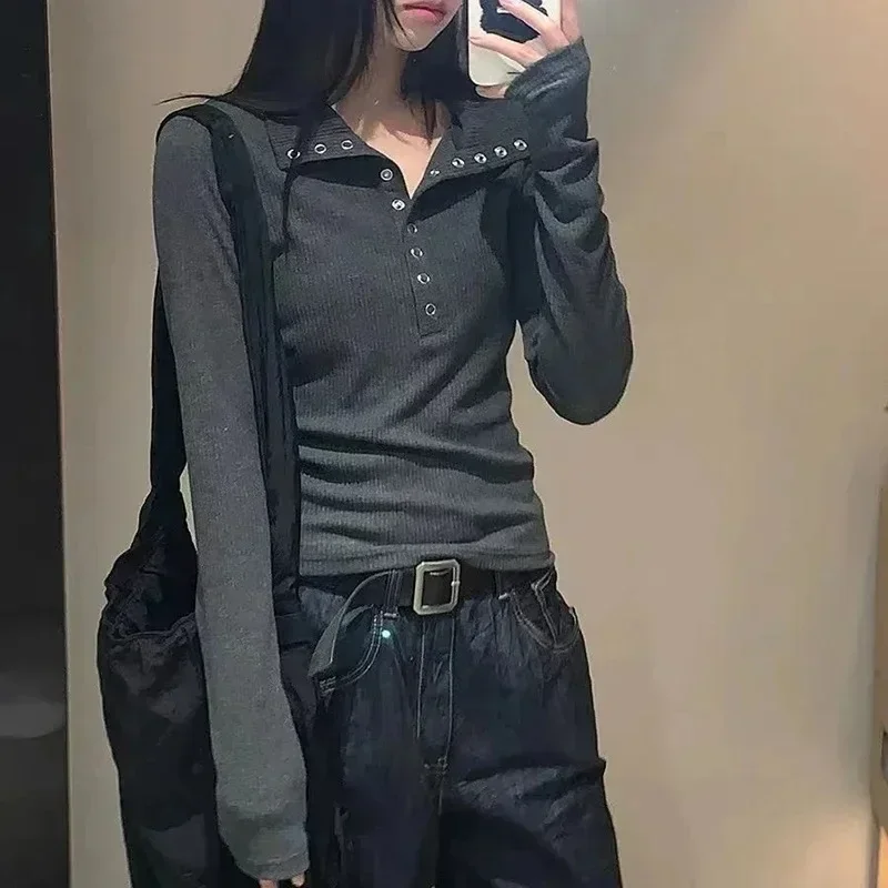 Y2K High Street Women Sweaters New Gray White Button Up Bottoming Pullover Woman Slim Fit Long Sleeve Knitted T-Shirt