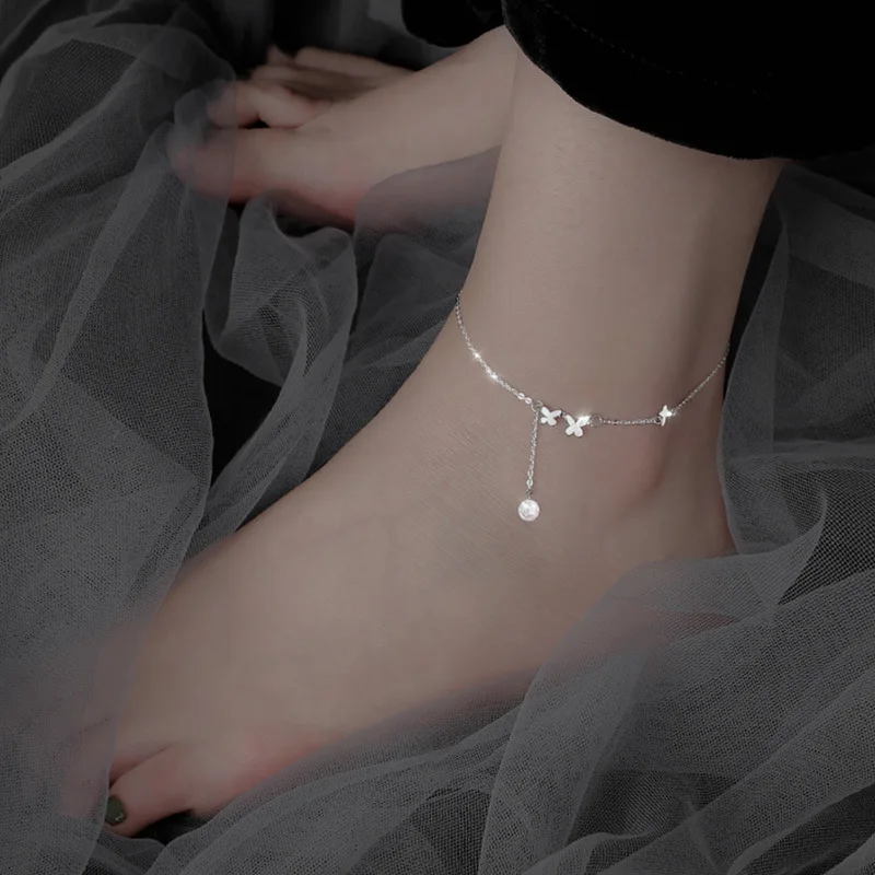 Real Money Korean 925 Sterling Silver Simple Butterfly Anklet For Women Girls Homme Wedding Party Jewelry Gift thumbnail 5
