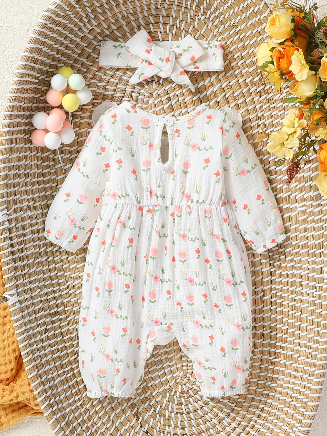 Baby Girl's All Seasons Long Sleeve Print Floral With Bow Daily Jumpsuit For Newborn-6M Clothes +Headband thumbnail 2