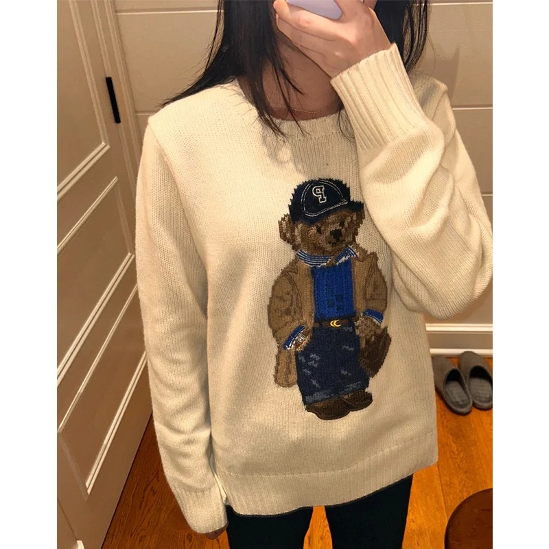 Crochet Bear Knit Sweater Pullover Women Jacquard Knitwear 2024 Autumn Winter RL Tops Coat Luxury Designer Brand Lauren Clothing thumbnail 3