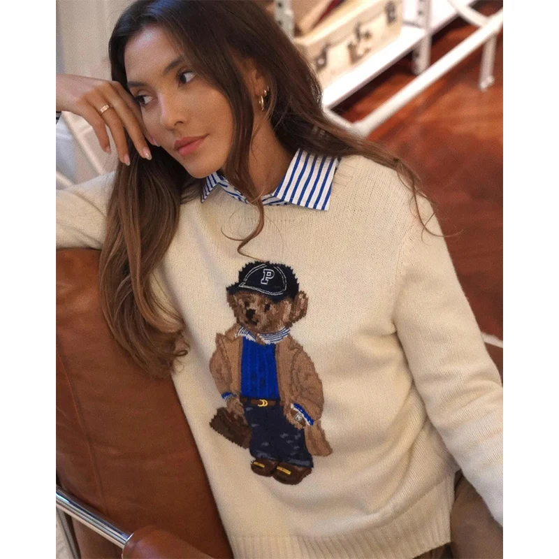 Crochet Bear Knit Sweater Pullover Women Jacquard Knitwear 2024 Autumn Winter RL Tops Coat Luxury Designer Brand Lauren Clothing thumbnail 2