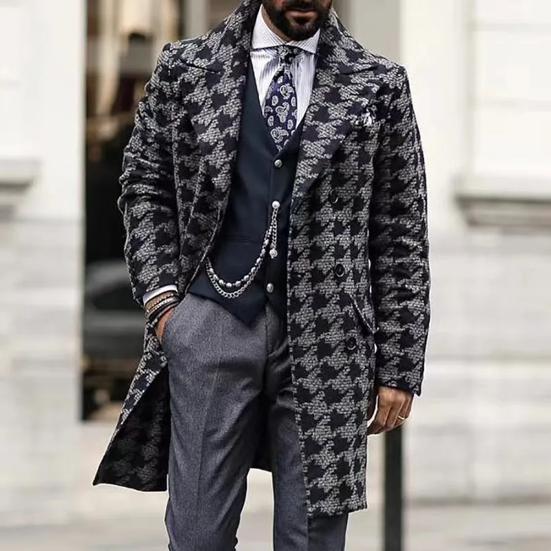 Autumn Winter New Casual Long Single-breasted Jacket Retro Houndstooth Print Wool Cardigan Overcoat Men Fashion Men Trench Coat