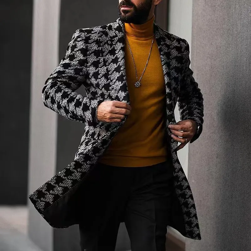 Autumn Winter New Casual Long Single-breasted Jacket Retro Houndstooth Print Wool Cardigan Overcoat Men Fashion Men Trench Coat thumbnail 3