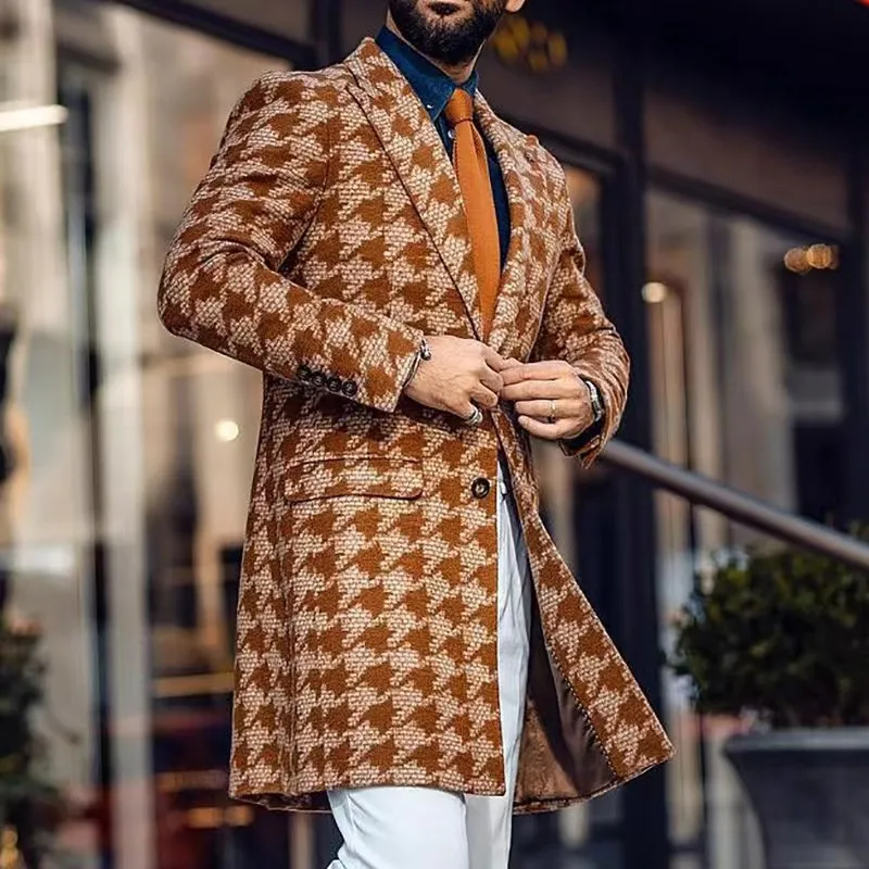 Autumn Winter New Casual Long Single-breasted Jacket Retro Houndstooth Print Wool Cardigan Overcoat Men Fashion Men Trench Coat thumbnail 2