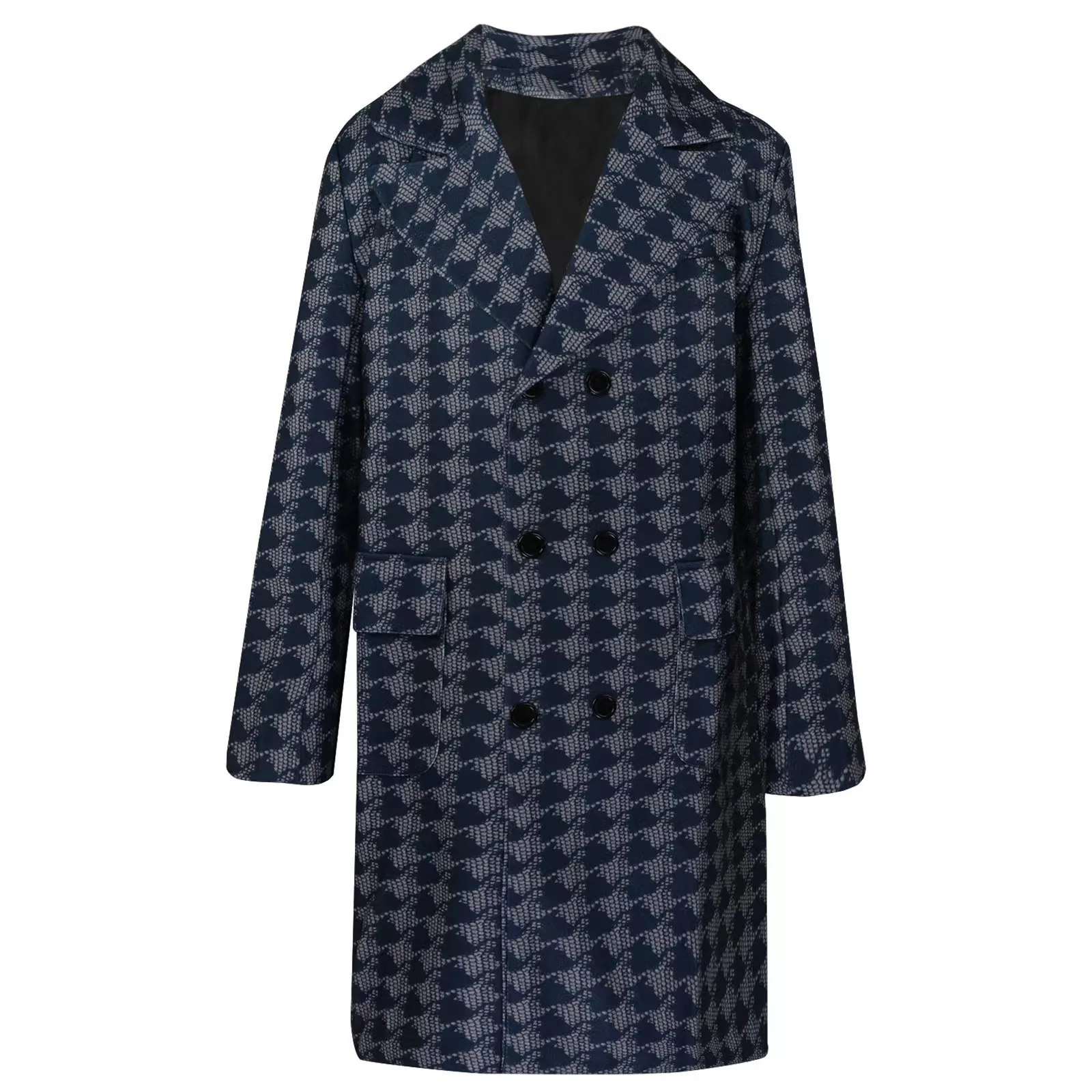 Autumn Winter New Casual Long Single-breasted Jacket Retro Houndstooth Print Wool Cardigan Overcoat Men Fashion Men Trench Coat thumbnail 5
