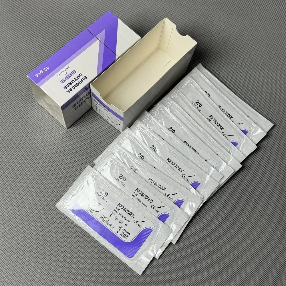 12 Pcs Absorbable Suture Thread Special For Pet PGA Sutures With Needle Polyglycolic Acid Sterile Animal use 90cm