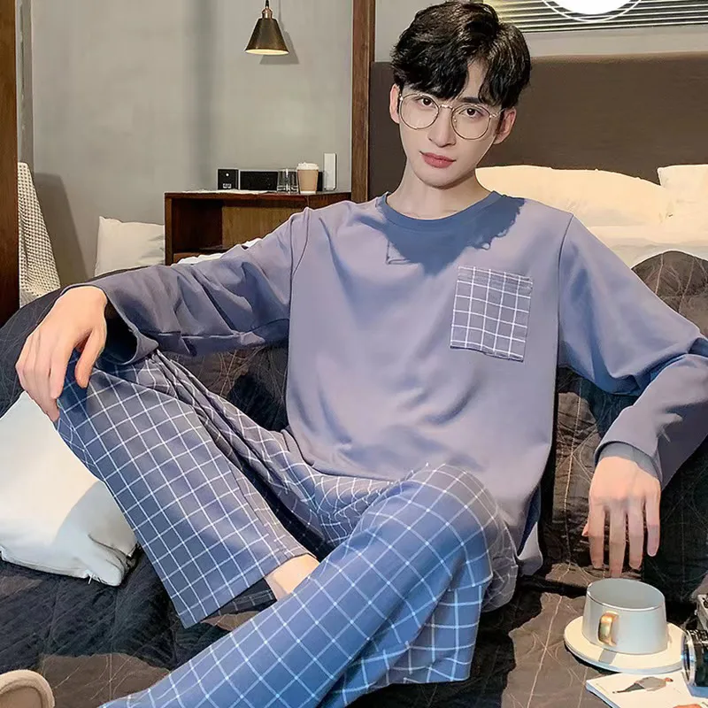 Men Pajamas Set of Autumn and Winter Long-Sleeved Long Trousers Youth Nightwear Homewear Two-Piece Striped Sleepwear Loungewear thumbnail 4