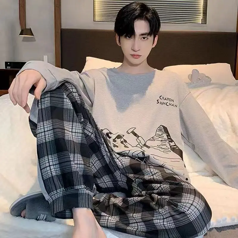 Men Pajamas Set of Autumn and Winter Long-Sleeved Long Trousers Youth Nightwear Homewear Two-Piece Striped Sleepwear Loungewear thumbnail 2