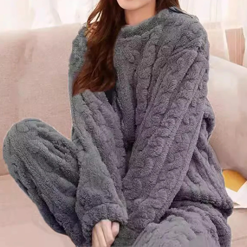 Women's Pajamas Set Winter Sleepwear O-neck Loose Long Sleeve Top Elastic Waist Leg Pant Sets Trousers Plus Size Matching Sets thumbnail 4