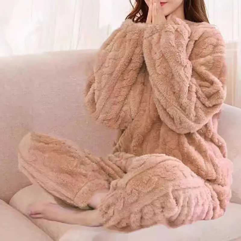 Women's Pajamas Set Winter Sleepwear O-neck Loose Long Sleeve Top Elastic Waist Leg Pant Sets Trousers Plus Size Matching Sets thumbnail 5
