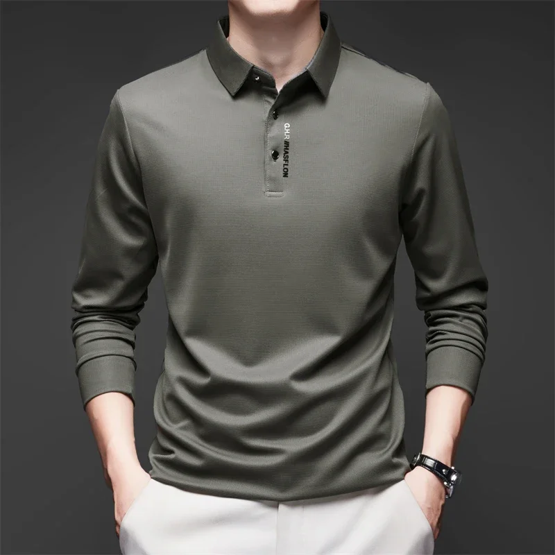 New Men's Business Casual Long Sleeved Shirt with Badge Solid Color Polo Shirt Fashionable Breathable Comfortable Versatile Top thumbnail 3