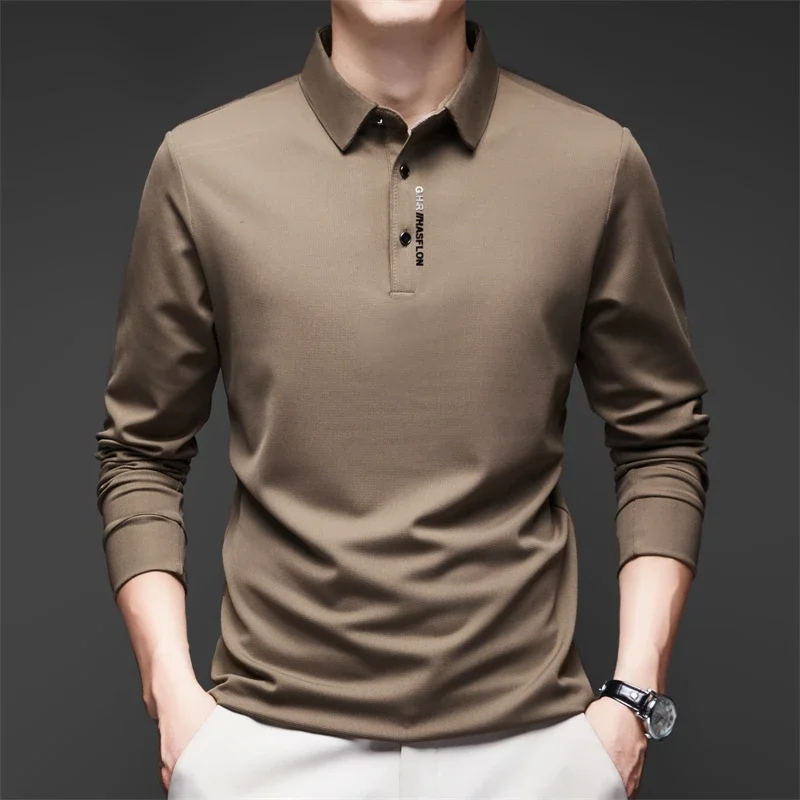 New Men's Business Casual Long Sleeved Shirt with Badge Solid Color Polo Shirt Fashionable Breathable Comfortable Versatile Top thumbnail 2