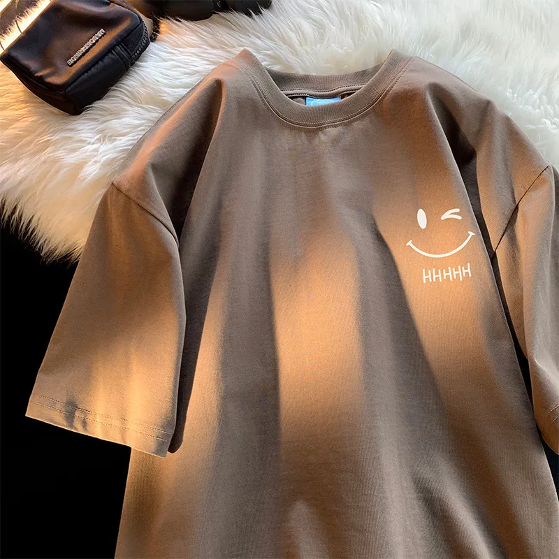 Men Women's Smiling Face Funny Fashion Couple Short Sleeved T-shirt American Basic Simple Oversized Loose Boys' Pullover Top thumbnail 3