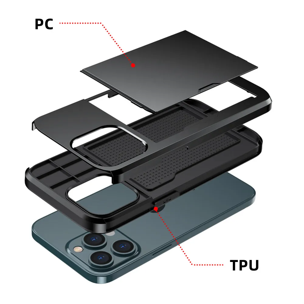 Slide Wallet Credit Card Slot Phone Case For iPhone 16 15 14 13 12 11 Pro X XR Max 7 8 Plus SE Armor TPU Shockproof Back Cover thumbnail 5