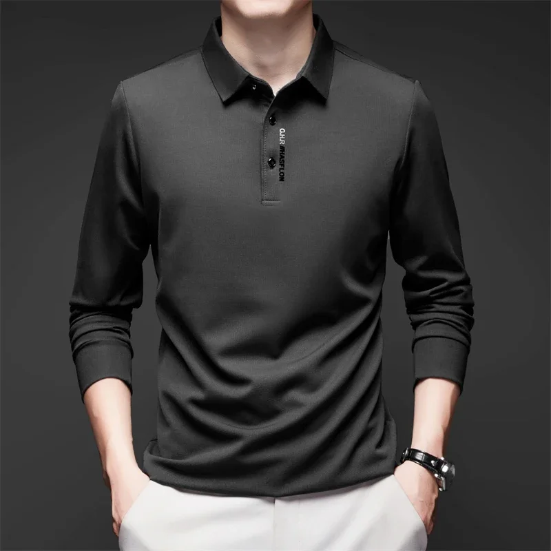 New Men's Business Casual Long Sleeved Shirt with Badge Solid Color Polo Shirt Fashionable Breathable Comfortable Versatile Top thumbnail 5