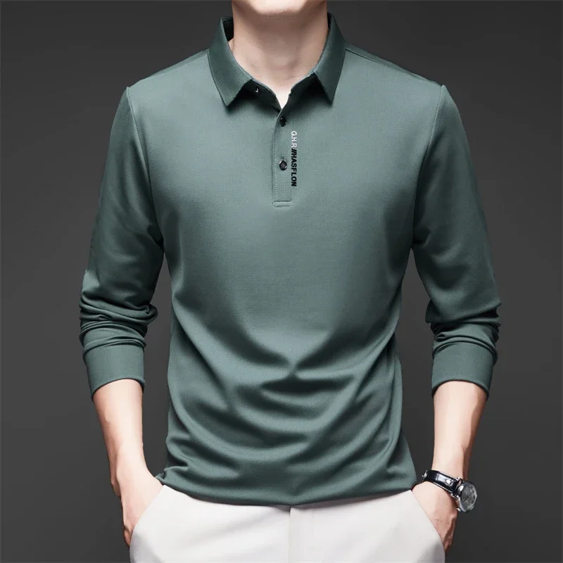 New Men's Business Casual Long Sleeved Shirt with Badge Solid Color Polo Shirt Fashionable Breathable Comfortable Versatile Top thumbnail 4