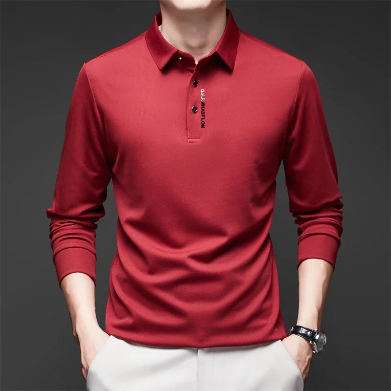 New Men's Business Casual Long Sleeved Shirt with Badge Solid Color Polo Shirt Fashionable Breathable Comfortable Versatile Top thumbnail 6