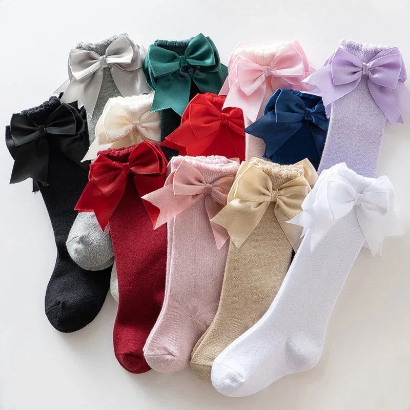 Pudcoco Infant Baby Girl Below Knee Socks, Solid Color Bow Decor Stockings Breathable Clothing Accessory 0-7T